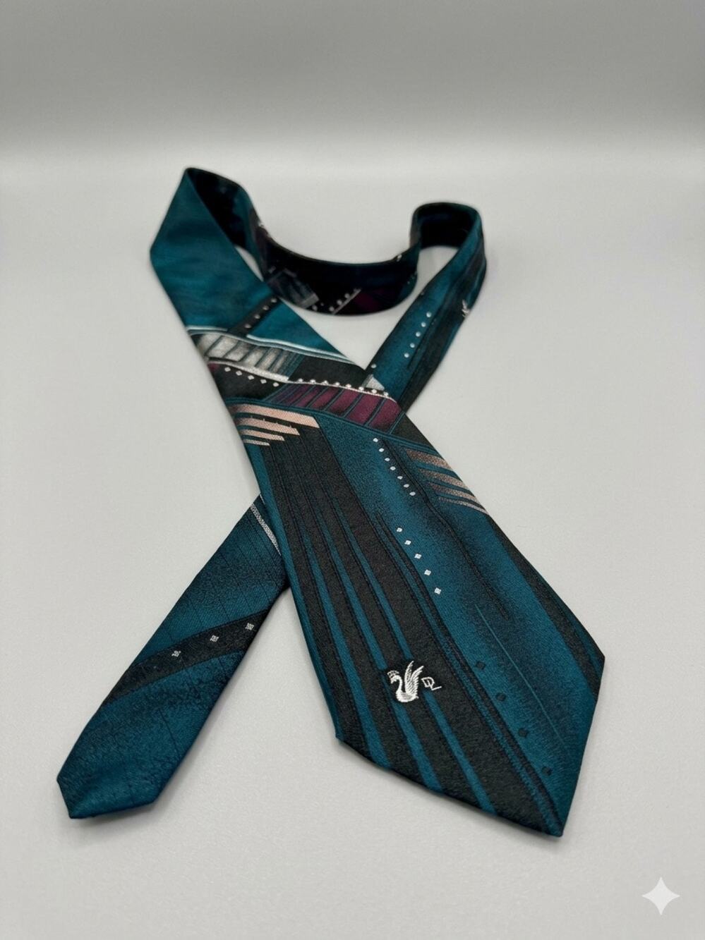 Vintage Don Loper Beverly Hills Necktie Teal Geometric Polyester Men's Tie